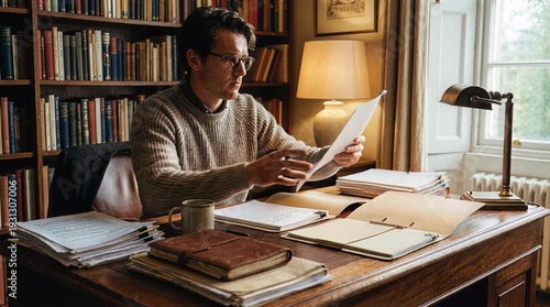 Man Writing at Desk in Warm Library Setting Creating Documents with Vintage Feel