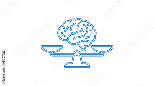 Blue neon outline icon illustrating the delicate balance of the human brain displayed upon a traditional weighing scale.