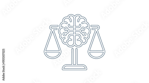 Conceptual outline drawing representing the balance scale of justice with a stylized digital brain at the center
