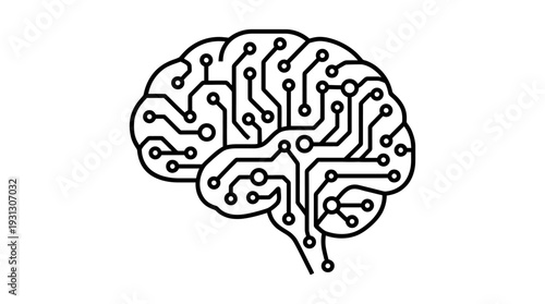 A stylized black and white illustration depicts a human brain crafted from intricate electronic circuit board pathways and connected nodes.