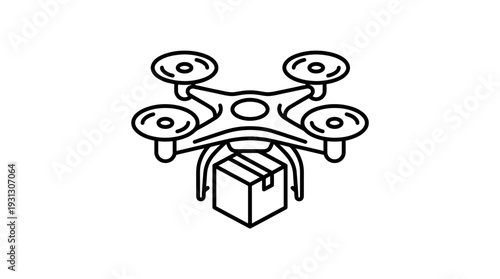 Black outline illustration of a modern delivery drone carrying a cardboard package, symbolizing fast shipping and e-commerce logistics services.