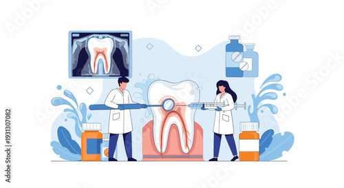 Professional dental team performing a tooth treatment procedure using medical tools in a clean and modern clinic environment.