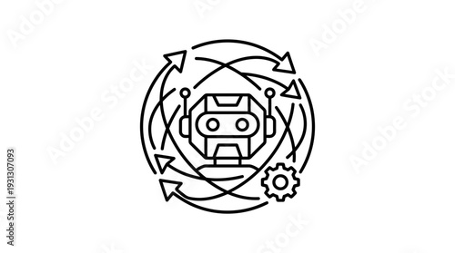 Abstract linear icon depicting a central robot head surrounded by circulating arrows symbolizing automation and continuous process improvement cycles.