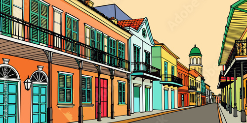 Historic balconied buildings with ornate ironwork and vibrant shutters line a narrow street in the charming French Quarter of New Orleans, Louisiana.

