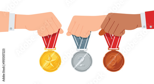 Different hands proudly holding gold, silver, and bronze medals representing victory, success, and achievement in competitive sports.