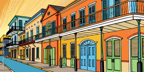 Historic balconied buildings with ornate ironwork and vibrant shutters line a narrow street in the charming French Quarter of New Orleans, Louisiana.
