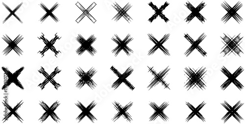 Collection of 35 Hand-Drawn Grunge X Marks and Crosses. Vector Set of Black Brush Stroke Symbols for Error, Delete, Check, or Close Icons on White Background.