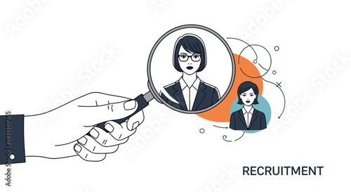 Strategic employee recruitment process showing a professional hand using a magnifying glass to find the best candidate for a job.