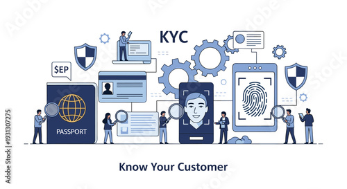 Detailed illustration of the Know Your Customer or KYC process involving identity verification, biometric data, and legal documentation.