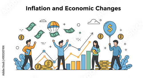 Business team celebrating successful economic changes and growth amidst inflation trends shown on a rising financial market graph.