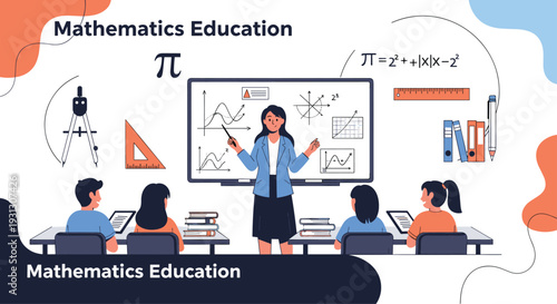 Passionate teacher leading a mathematics education class for students using visual aids and interactive whiteboard learning tools.