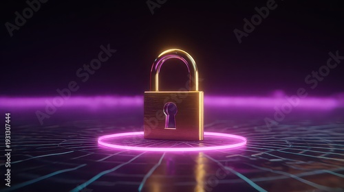 Glowing Gold Padlock Above Pixelated Surface With Pink Rings On A Black Background In Cyberpunk Style, Illustrative Of Cyber Security And Digital Protection