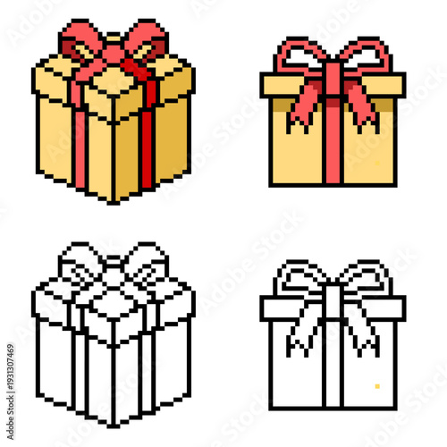 Set editable pixel gift box vector for retro gaming rewards. Ideal for symbolizing 8-bit loot drops, arcade style presents, and nostalgic digital birthday celebration surprises.