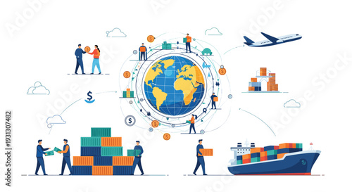 Complex network of global logistics and international trade involving cargo ships, planes, and container transport around the world.