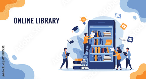 Modern online library concept showing diverse students accessing a massive digital collection of books through a mobile smartphone app.