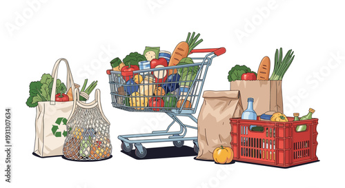 Comprehensive grocery shopping collection featuring a metal cart, eco-friendly bags, and a crate full of fresh vegetables.