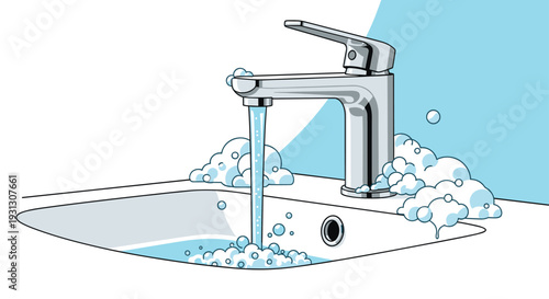 Modern chrome water faucet runs fresh water into a white ceramic sink filled with soapy bubbles and foam in a bathroom.