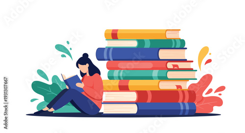 Dedicated student sitting and reading a book next to a massive stack of colorful educational materials in a quiet library.