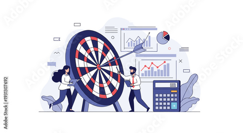 Data analysts evaluate business performance using a giant target, financial charts, graphs, and a calculator in an office.