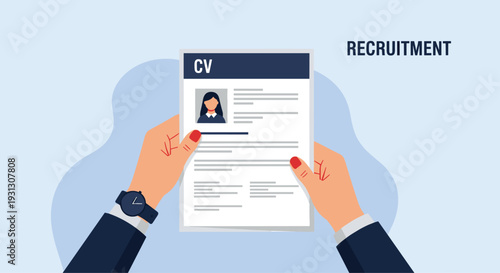 Hands holding a professional curriculum vitae document highlight the recruitment and hiring process for a new job position.