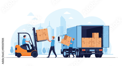 Logistics workers and a forklift driver efficiently load cardboard boxes into a large transport truck in an urban city.