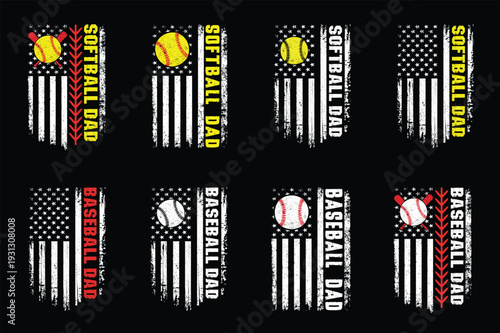 Softball And Baseball Dad USA Flag Design Set