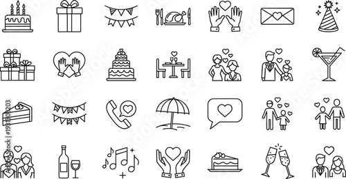 Party celebration and anniversary line icon set with cake, gifts, champagne and love symbols