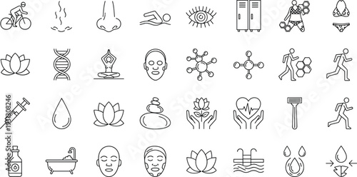 Wellness and spa therapy line icon set with yoga, meditation, massage and health symbols