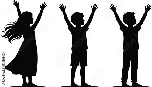 Black silhouettes set of happy children with arms raised, vector illustration of young girl and boys celebrating, childhood joy isolated on white