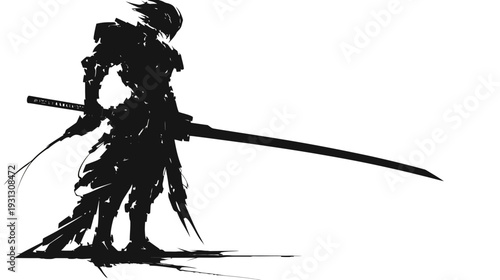 Silhouetted warrior standing with sword in stark contrast