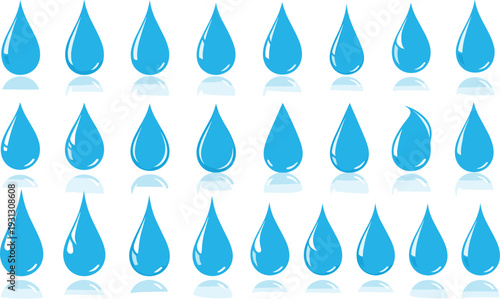 Blue water drop icon set isolated on white background, clean aqua liquid droplet vector collection