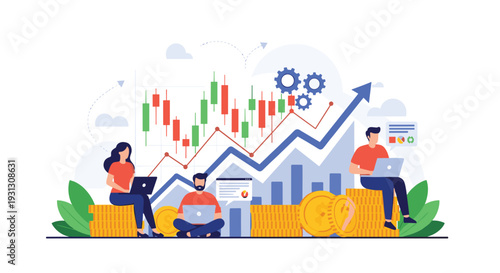 Business team analyzing stock market trends while sitting on large stacks of gold coins with financial graphs in background.