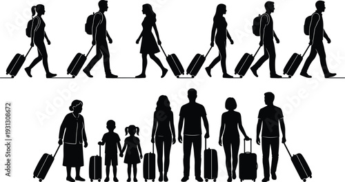 Black silhouettes set of travelers walking with suitcases and backpacks, vector illustration of families and tourists on vacation isolated on white background