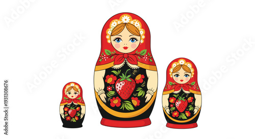 Traditional Russian matryoshka nesting dolls in three sizes decorated with beautiful strawberry patterns and floral designs.