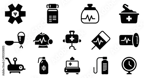 Essential monochrome vector icons for healthcare and science, illustrating diverse medical tools, laboratory apparatus, and pharmaceutical concepts for modern design