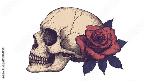Skull with Rose Illustrating Life and Death Themes