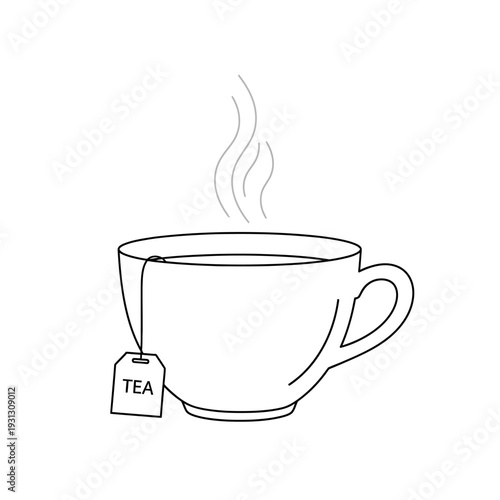Steaming cup of tea with a tea bag tag