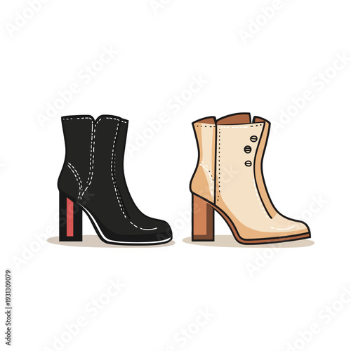 Stylish black and beige ankle boots on white background