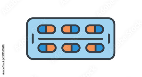 Flat vector illustration of a pharmaceutical blister pack containing six colorful oral capsules, symbolizing modern medication, health treatment, and essential medical care in a clean graphic style