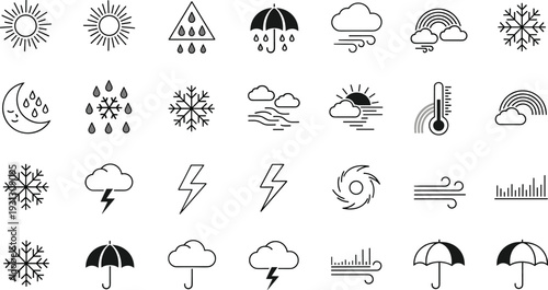 Weather forecast line icon set with sun, rain, snow, wind and temperature symbolsWeather forecast line icon set with sun, rain, snow, wind and temperature symbols