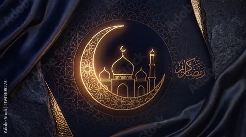 Moonlit Mosque Silhouette with Crescent and Domes in Elegant Frame