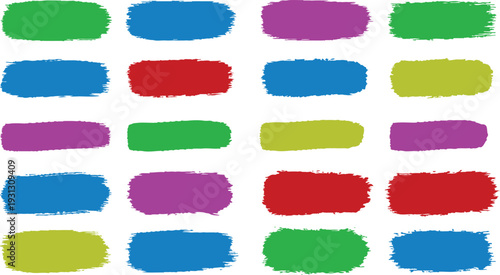 A colorful array of painted brush strokes in various hues on a white background