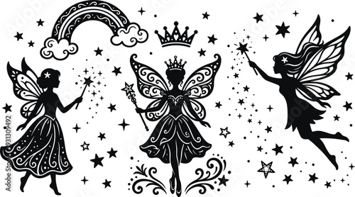 Black fairy silhouettes set, vector magical princess and pixie icon collection with magic wand and stars, fantasy forest elements isolated on white