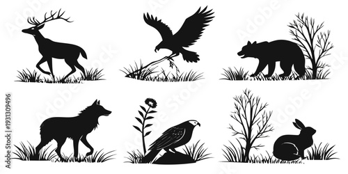 A collection of black and white silhouettes of various animals in nature.