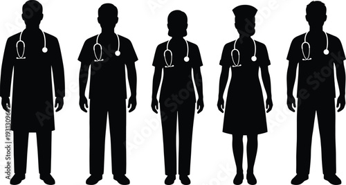 Black medical silhouettes set, vector doctor and nurse icon collection with stethoscopes for healthcare design, hospital staff isolated on white background, symbol