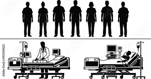 Black medical silhouettes set, vector doctor and nurse staff collection with hospital patients in clinic beds, healthcare intensive care unit isolated on white
