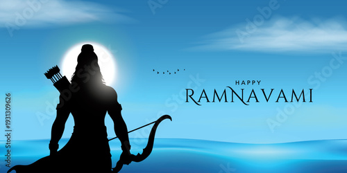 Shree Ram Navami, vector Illustration, silhouette of Lord Rama with bow arrow background, Social media post, Poster and Banner design template.