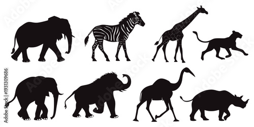 A diverse collection of silhouetted animals from various habitats