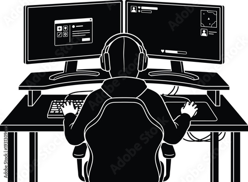 Black gaming setup silhouette vector illustration, gamer with headset sitting at desk with dual monitors, professional esports player isolated on white background