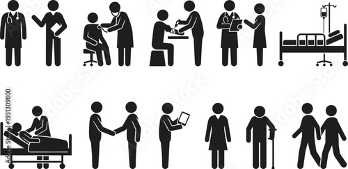 Black medical silhouettes set, vector doctor nurse and patient icon collection for healthcare design, hospital staff and equipment isolated on white background, symbol